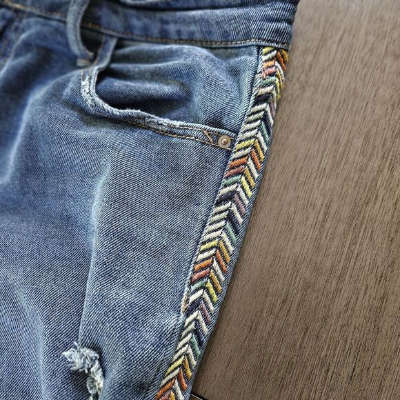 Knox Rose Blue Denim Jeans Ankle Straight Baggy Embroidered Stripes Size 6 - Picture 1 of 8